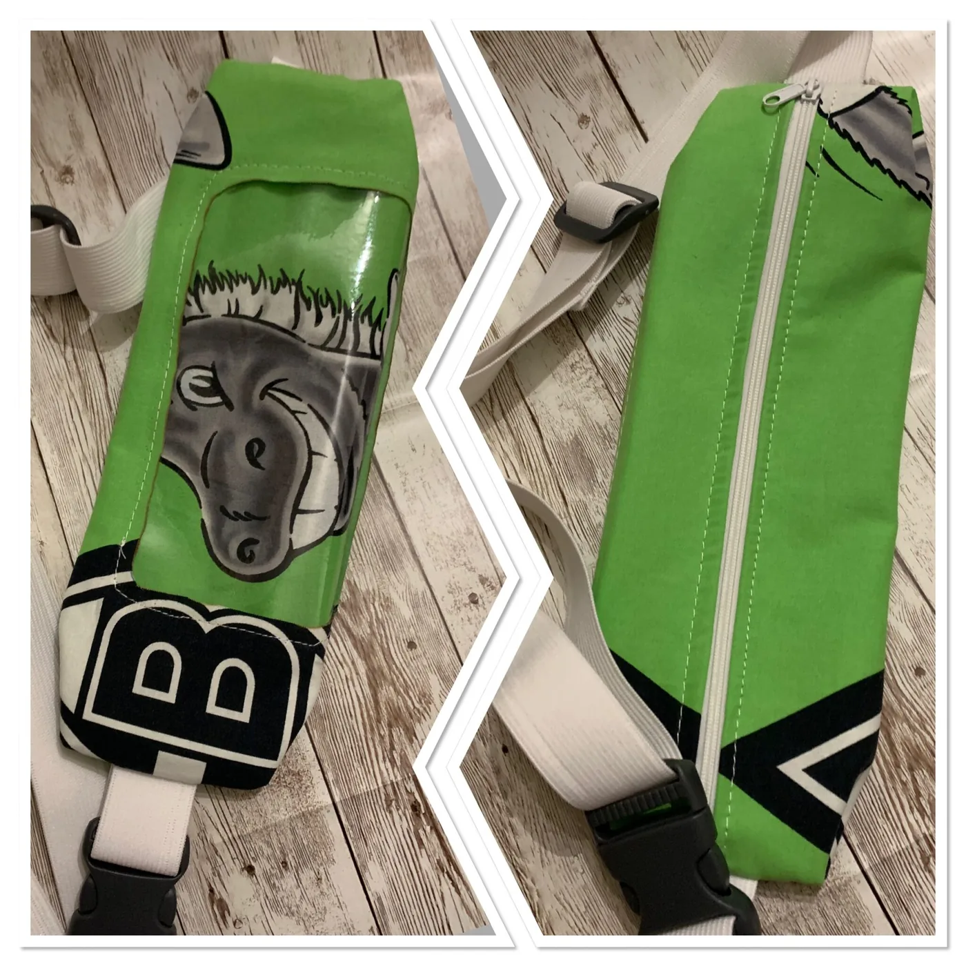 Selbstgenähte grüne Bauchtasche mit Reißverschluss